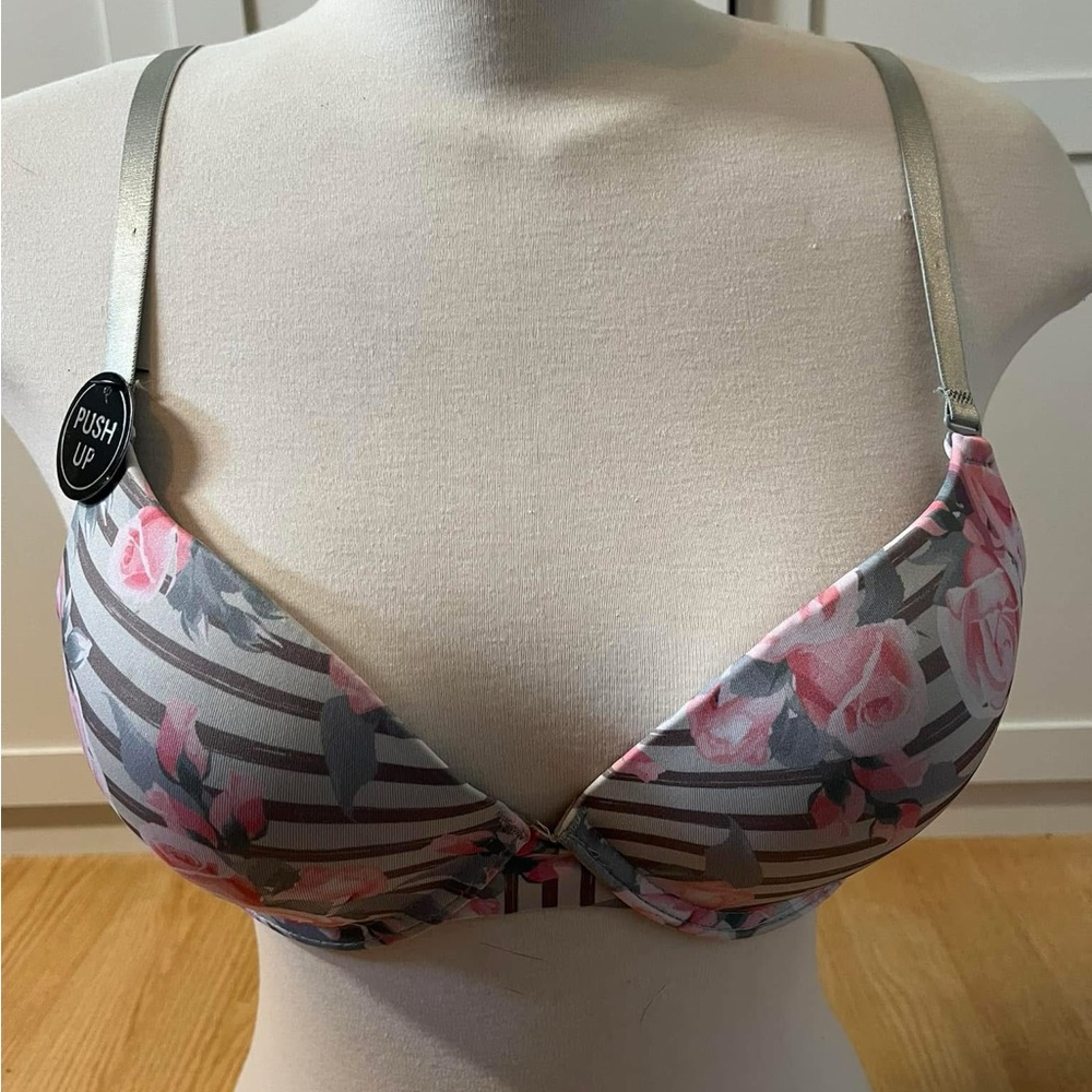 Floral Push-Up Bra in Pink and Gray